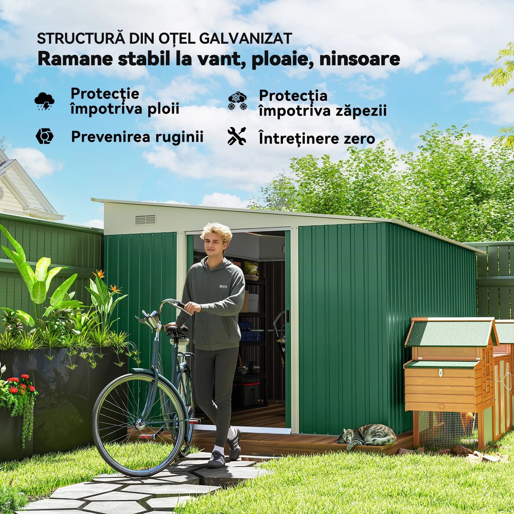 Outsunny Magazie de Gradina cu Ușa Glisantă si Orificii de Aerisire, din Oțel Galvanizat, 345x280,5x169-201cm, Negru | Aosom Romania