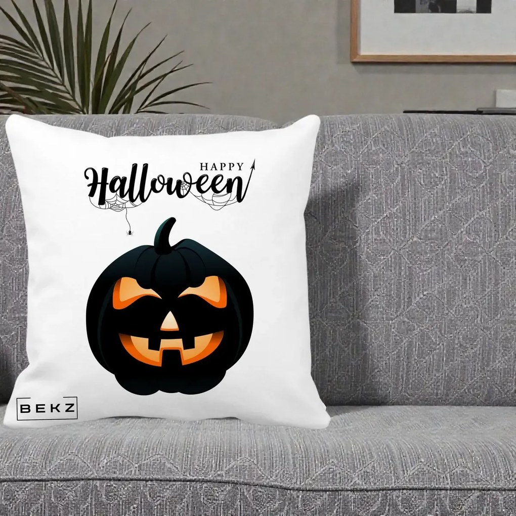 Perna Decorativa Happy Halloween Dovleac Negru cu Paianjen, 40x40 cm, Alba Mata, Husa Detasabila, Perna Inclusa, BEKZ®