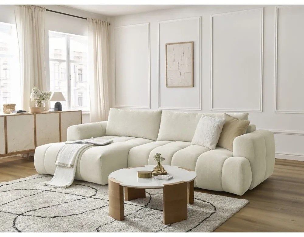 Colțar bej extensibil/cu spațiu de depozitare (cu colț pe partea stângă/cu șezlong) Fuji – Bobochic Paris