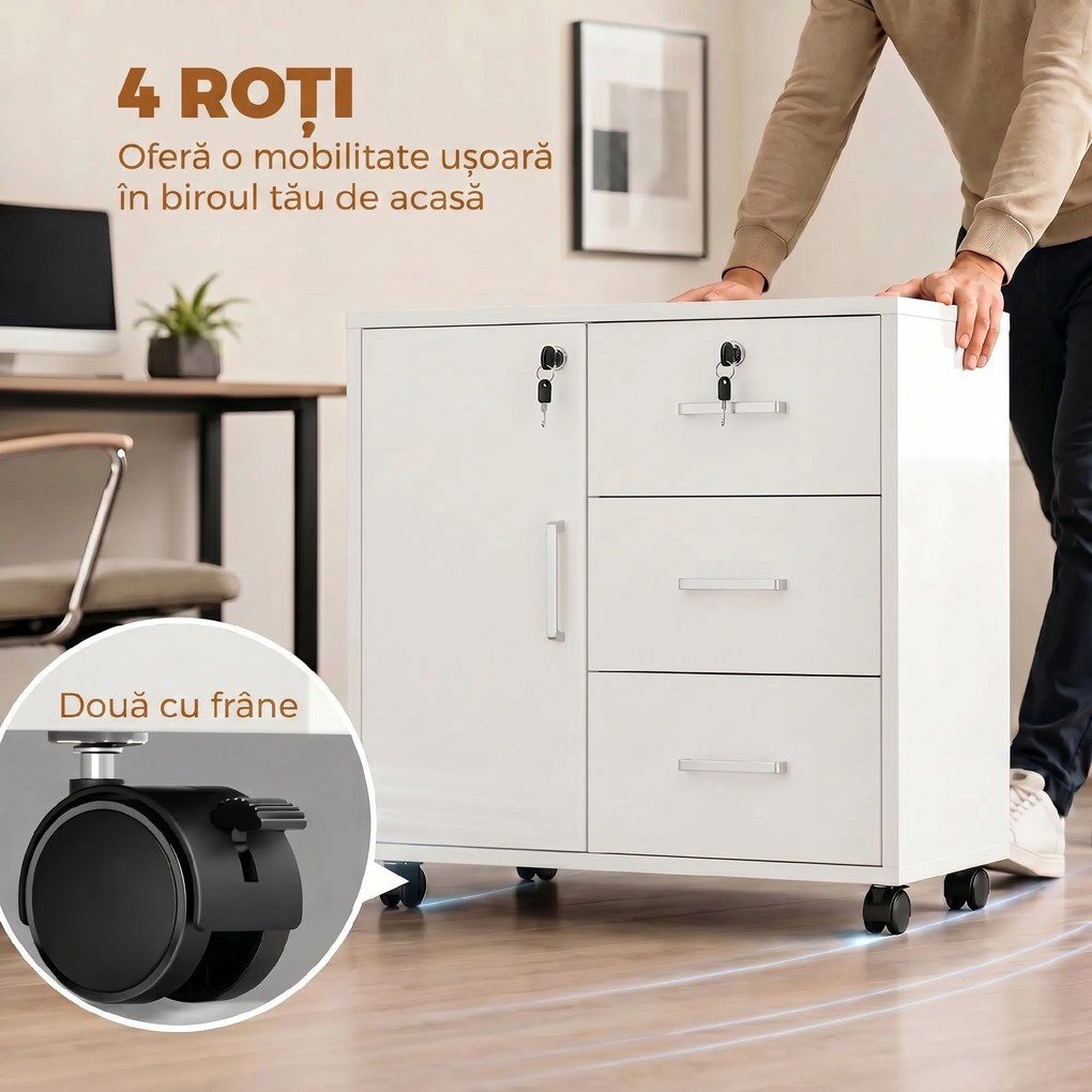 HOMCOM Dulap de Birou cu 3 Sertare și Dulăpior cu 3 Rafturi Reglabile, Sertar pentru Documente, 60x40x56 cm, Alb | Aosom Romania