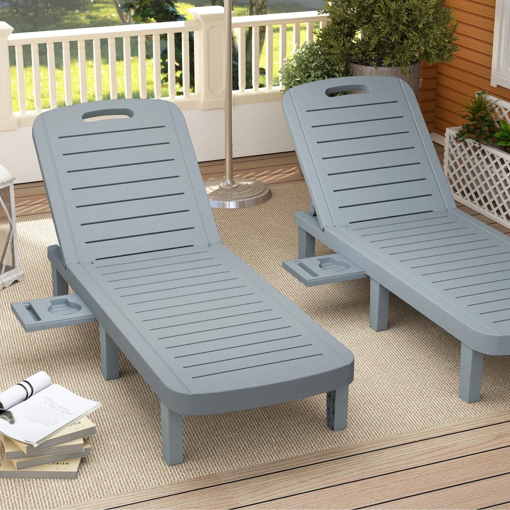 Outsunny Set de 2 șezlonguri, scaun lung cu tăvi retractabile, înclinabil, suprafață cu efect de lemn 62 x 158 x 88 cm, gri | Aosom Romania