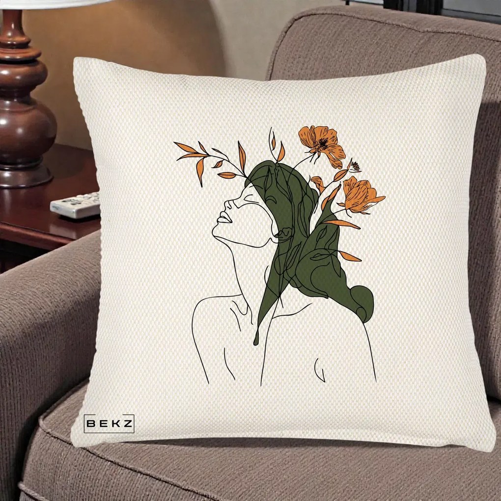 Perna Decorativa Portret Feminin Profil Flori Portocalii, 40x40 cm, Crem Reliefat, Husa Detasabila, Perna Inclusa, BEKZ®