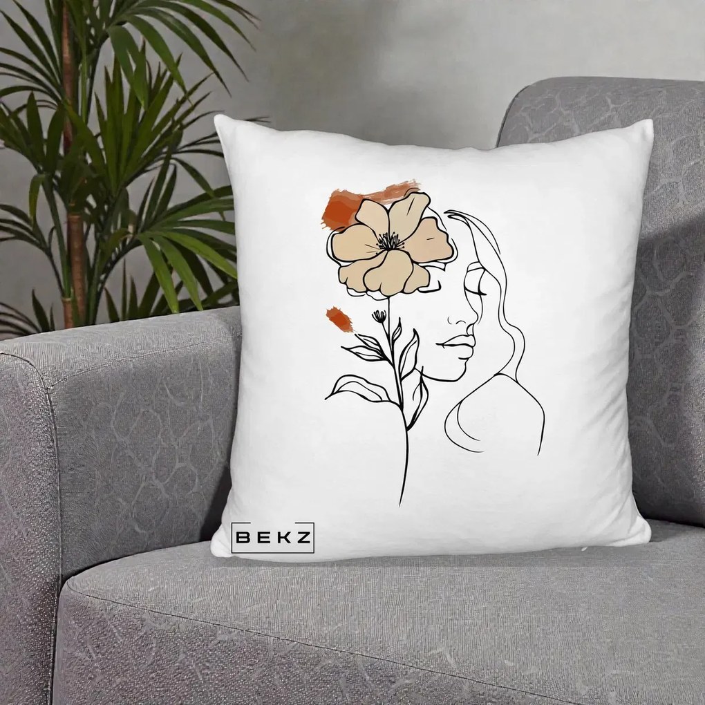 Perna Decorativa Portret Feminin Floare Bej Terracotta, 40x40 cm, Alb Pufos, Husa Detasabila, Perna Inclusa, BEKZ®