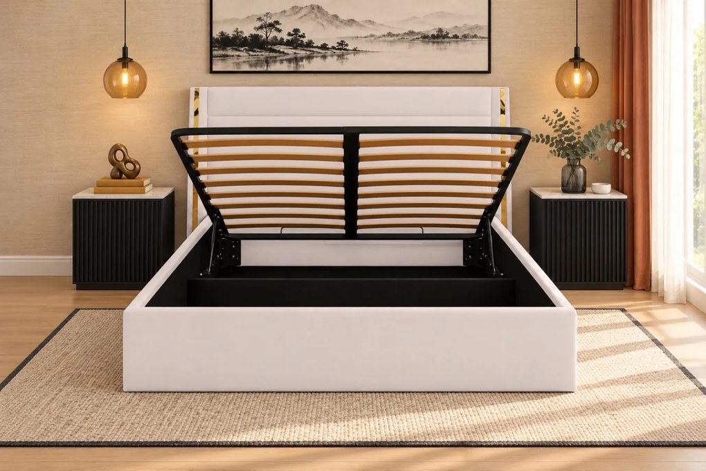 Pat tapițat din catifea Veyra 180×200 cm, crem, detalii aurii, cu ladă de depozitare