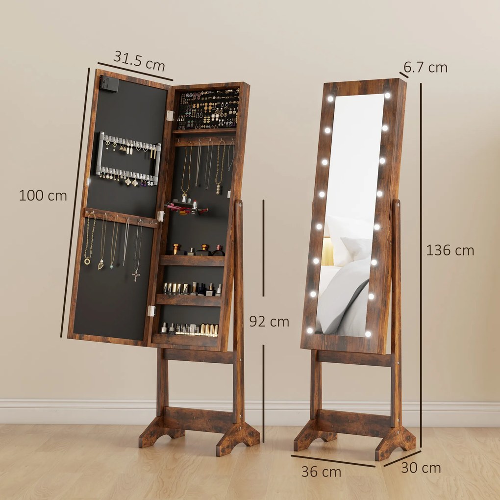 HOMCOM Dulap pentru Bijuterii cu Oglindă Reglabilă și Lumini LED 36x30x136 cm Maro Rustic | Aosom Romania