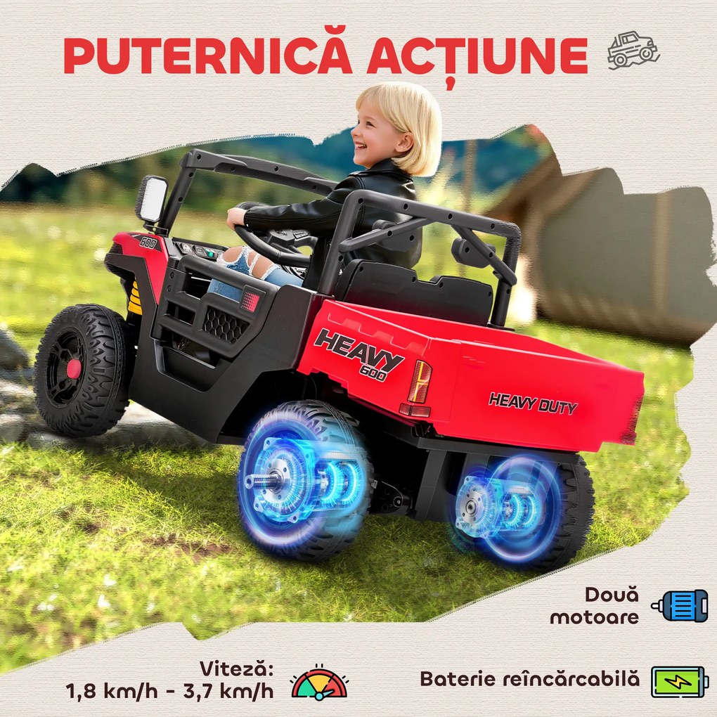 AIYAPLAY Mașină Electrică pentru Copii UTV 12V Off-road cu Portbagaj, 2 Motoare, Centură în 3 Puncte, Telecomandă, Suspensii, USB, Muzică, Lumini, 1.8-3.7 km/h, 3-8 Ani, Roșu | Aosom Romania