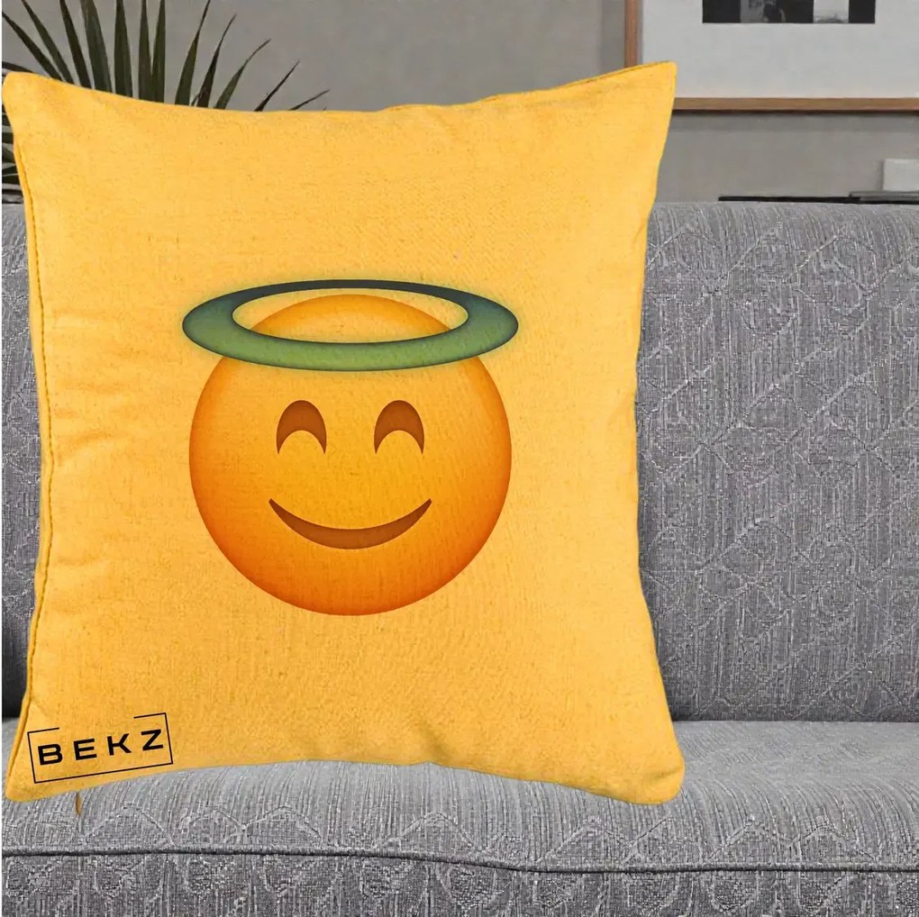 Perna Decorativa Emoji Inger cu Aureola, 40x40 cm, Galben, Husa Detasabila, Perna Inclusa, BEKZ®