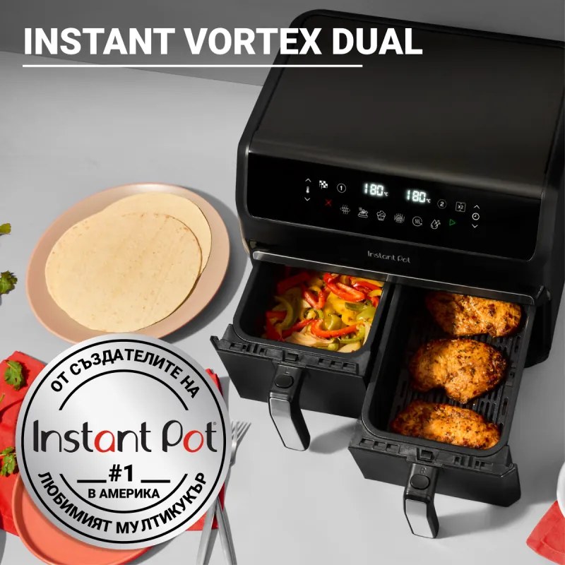 Friteuza dubla cu aer cald 8in1 Instant Pot Vortex DUAL INAFB91-BK, 1850 W, 8 l, 205°C, EvenCrisp, Gatit sincronizat, Control tactil, Negru/Otel inoxidabil
