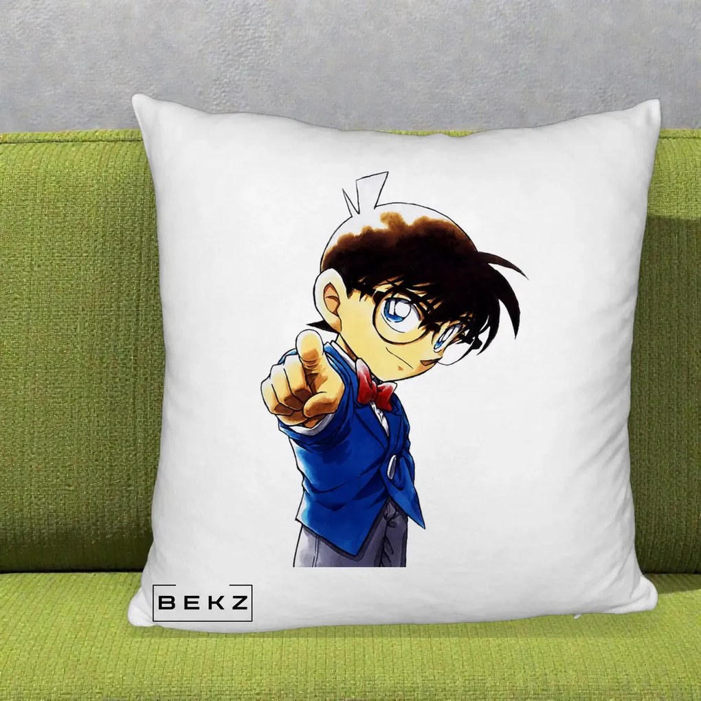 Perna Personalizata Detective Conan Conan Arata, 40x40 cm, Alb Pufos, Husa Detasabila, Perna Inclusa, BEKZ®