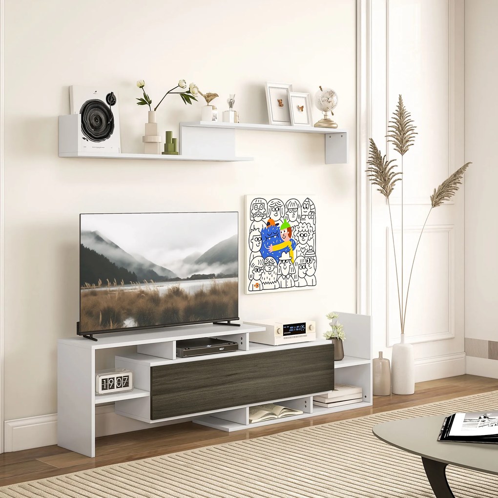 HOMCOM Mobilier TV cu Raft de Perete, Rafturi Deschise și Dulăpior din Lemn, Mobilier TV Modern, 153,6x25x42 cm, Alb | Aosom Romania