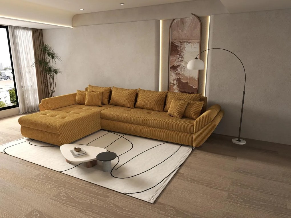 Colțar extensibil dumonde cu ladă de depozitare si sezut confortabil din spuma high-density, Loana XL Zoom Mustar 335x185 cm