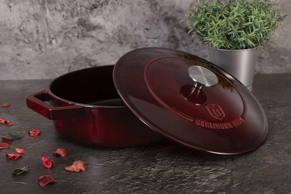 Cratiță din fontă emailată cu capac 26 cm, 2.5L – Berlinger Haus Burgundy Collection BH 6498, ideală pentru cuptor sau plită, gătit lent