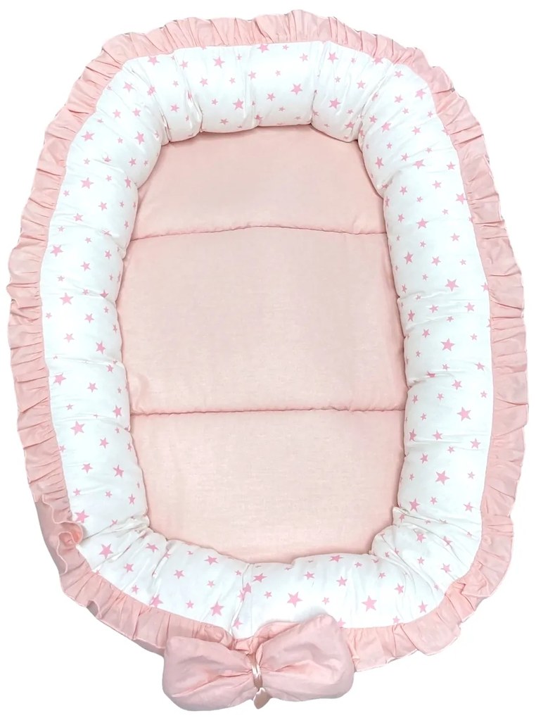 Cuib baby nest bebelusi cu volanase Roz Pudra - stelute roz pe alb LUX by Deseda