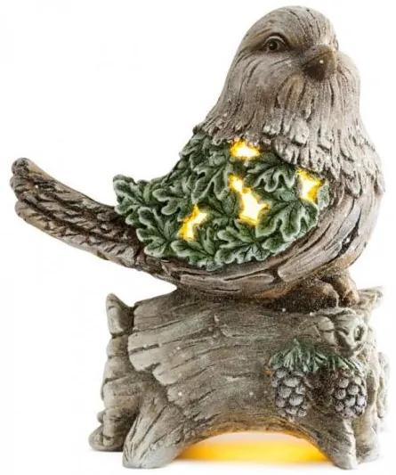 Decoratiune iarna, ceramica, randunica pe trunchi de copac, verde, LED, 3xAAA, 22x21.5x40 cm