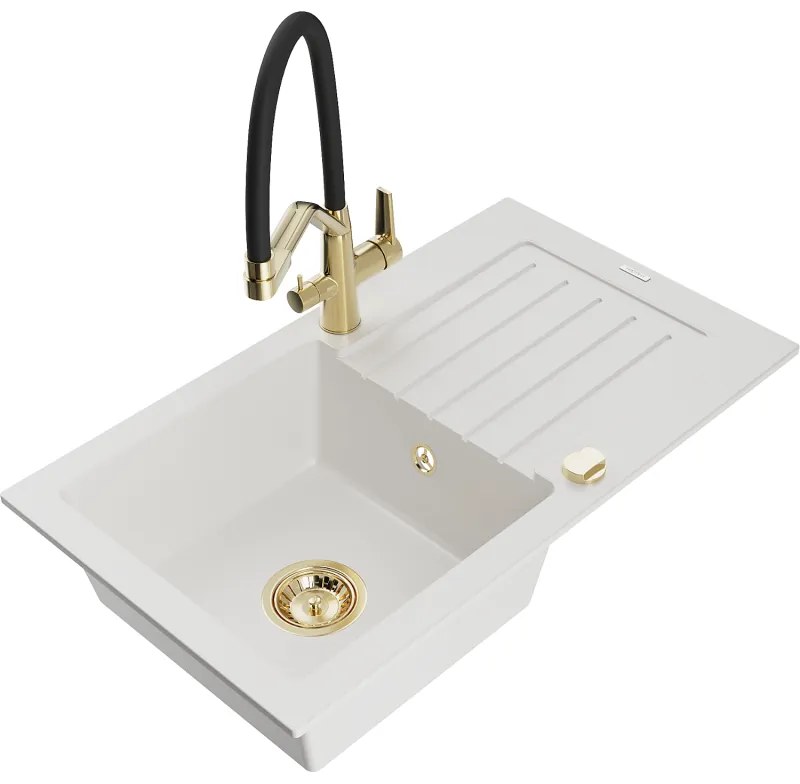 Mexen Pablo chiuvetă de granit cu o singură cuvă, cu scurgător și baterie de bucătărie Duo, albă - 6510-20-671701-57-G