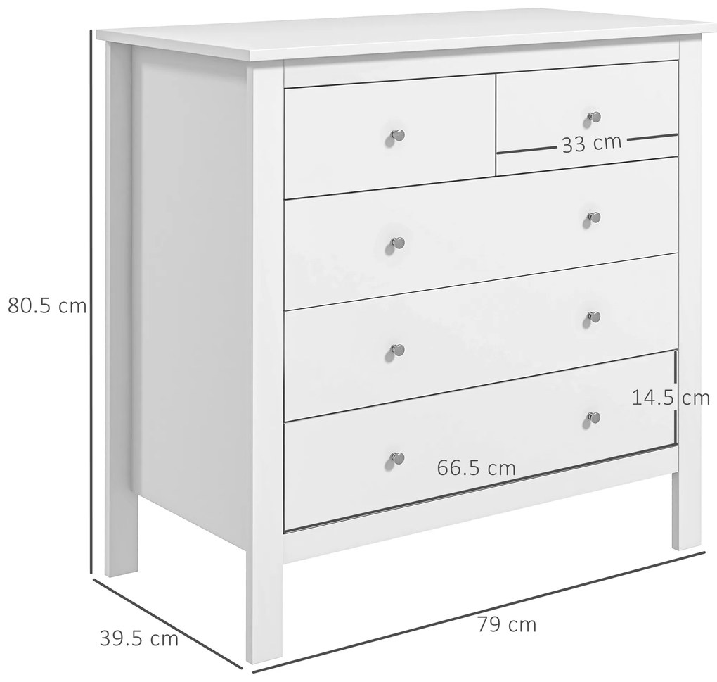 HOMCOM Comodă cu 2 Sertare Mici și 3 Sertare Mari, Comodă de Dormitor din Lemn, 79x39,5x80,5 cm, Alb | Aosom Romania