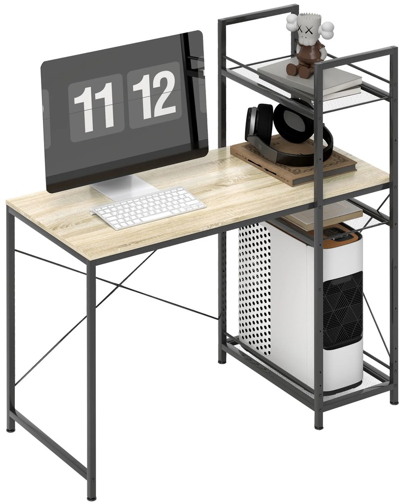 HOMCOM Birou de calculator cu raft reversibil cu 4 niveluri, masă de calculator, cadru din oțel 110 x 53 x 115,5 cm stejar negru | Aosom Romania