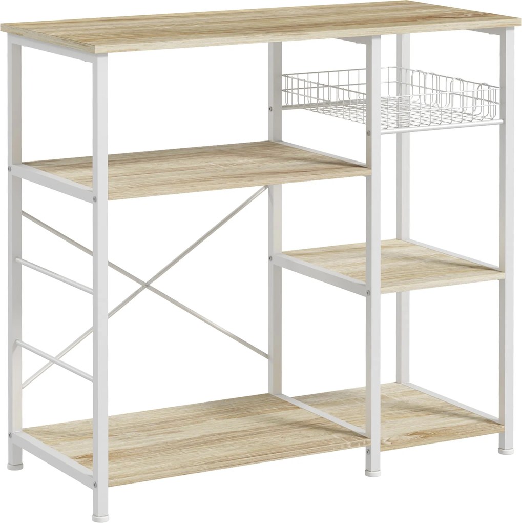 Raft de Bucatarie Cuptor cu Microunde, Dulap de Bucatarie cu 4 Rafturi cu Carlige si Cos Plasa, Lemn si Otel 90x40x84.5cm HOMCOM | Aosom RO