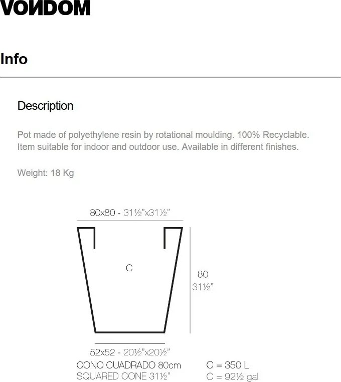 Ghiveci plante, flori design decorativ modern pentru amenajari interioare si exterioare, SQUARE CONE POT 41180R Vondom