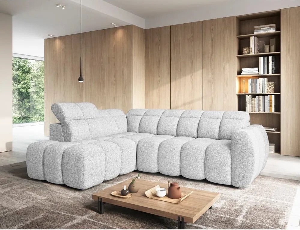 Colțar gri deschis extensibil/cu spațiu de depozitare cu tapițerie din țesătură bouclé (cu colț pe partea stângă/în formă de ”L”) Falconn – ELTAP