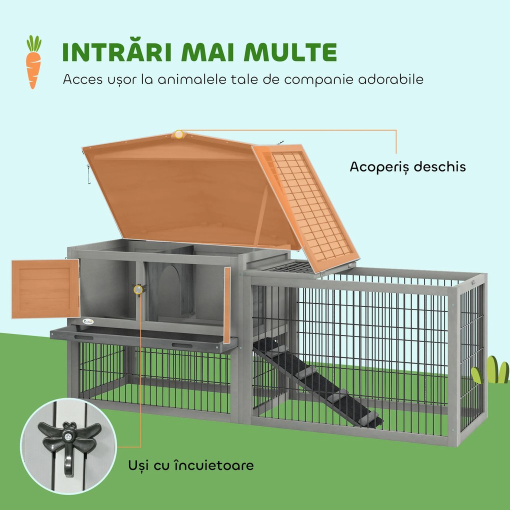 PawHut Cuib Exterior din Lemn de Brad cu Rampă, Acoperiș Rabatabil Impermeabil, Sertar Detașabil, Cuib pentru Iepuri, Animale Mici, Gri Deschis | Aosom Romania