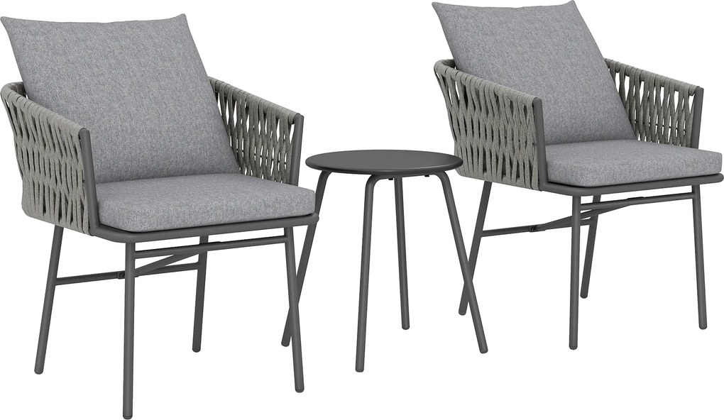 Outsunny Set mobilier exterior 3 piese, 2 scaune, 1 masă, set bistro, rattan sintetic, cadru din oțel, masă metalică, 4 perne, gri | Aosom Romania