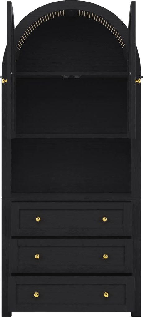 Dulap de depozitare înalt cu arc, cu 3 sertare, uși și compartiment deschis pentru expunere, pentru bucătărie și living, 70x35x180 cm, Negru
