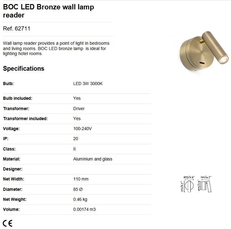 Aplica moderna cu reader LED design minimalist BOC bronz