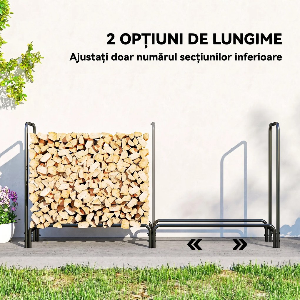 Outsunny Suport pentru Lemne de 0,6 m³, Reglabil, cu Husă Impermeabilă din PE, din Metal, 200 x 36 x 99 cm, Negru și Verde Închis | Aosom Romania