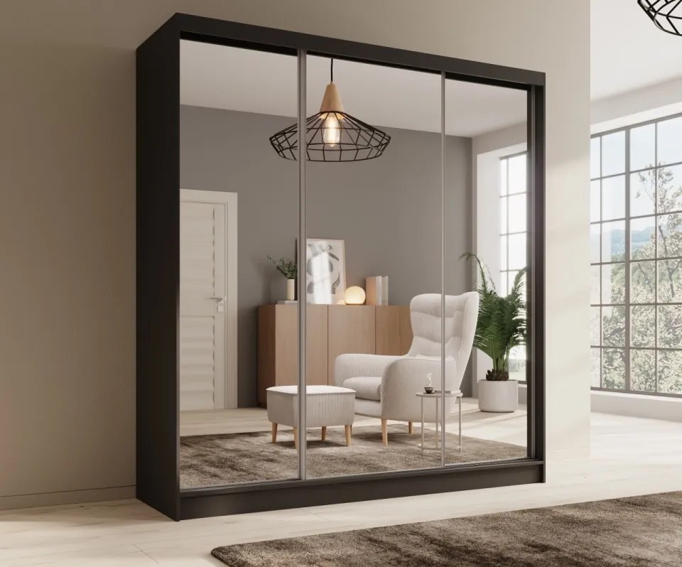 Dulap cu usi glisante si oglinda, 200x61x215 cm, Tola 200, ADRK Furniture (Culoare: Negru / Negru)