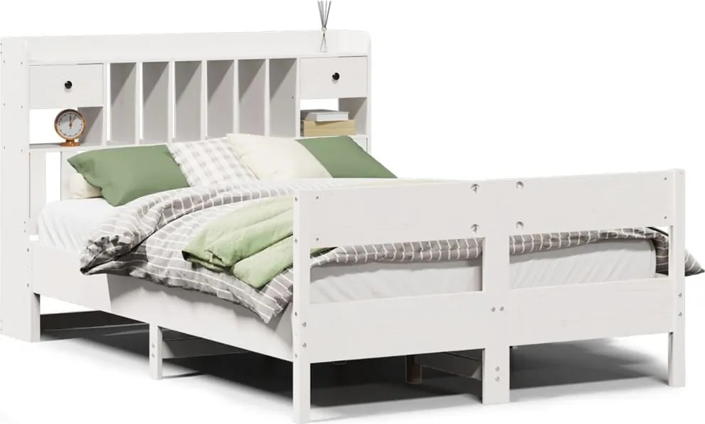 vidaXL Pat cu bibliotecă fără saltea, alb, 160x200 cm, lemn masiv pin