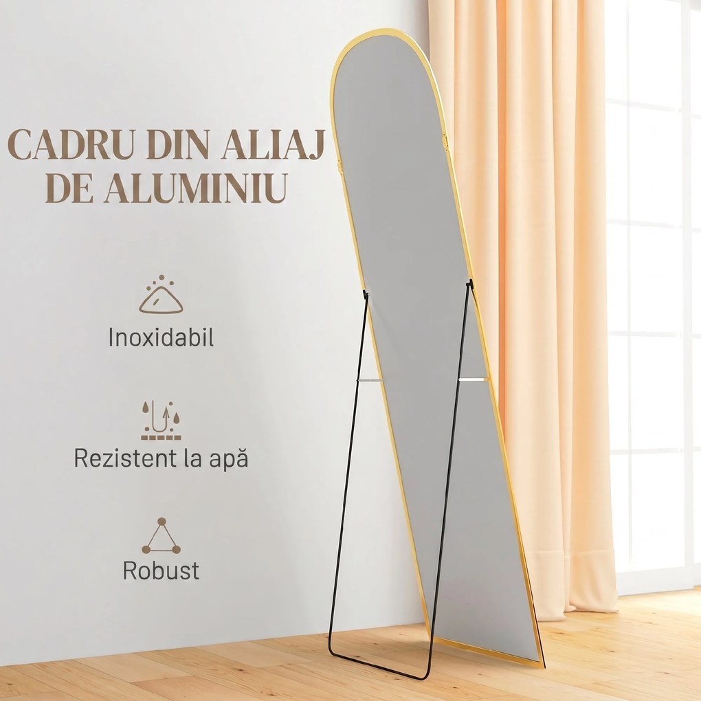 HOMCOM Oglindă de Podea și Perete cu Suport Pliabil, 50x161.5cm, Auriu | Aosom Romania