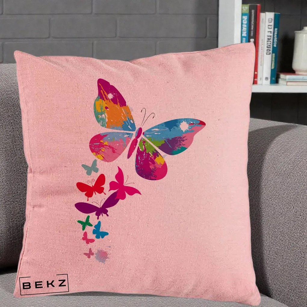 Perna Decorativa Fluturi Splash, 40x40 cm, Roz, Husa Detasabila, Perna Inclusa, BEKZ®