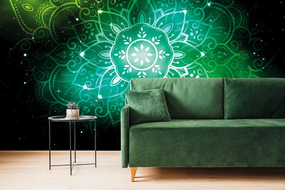 Tapet Mandala verde cu fundal galactic