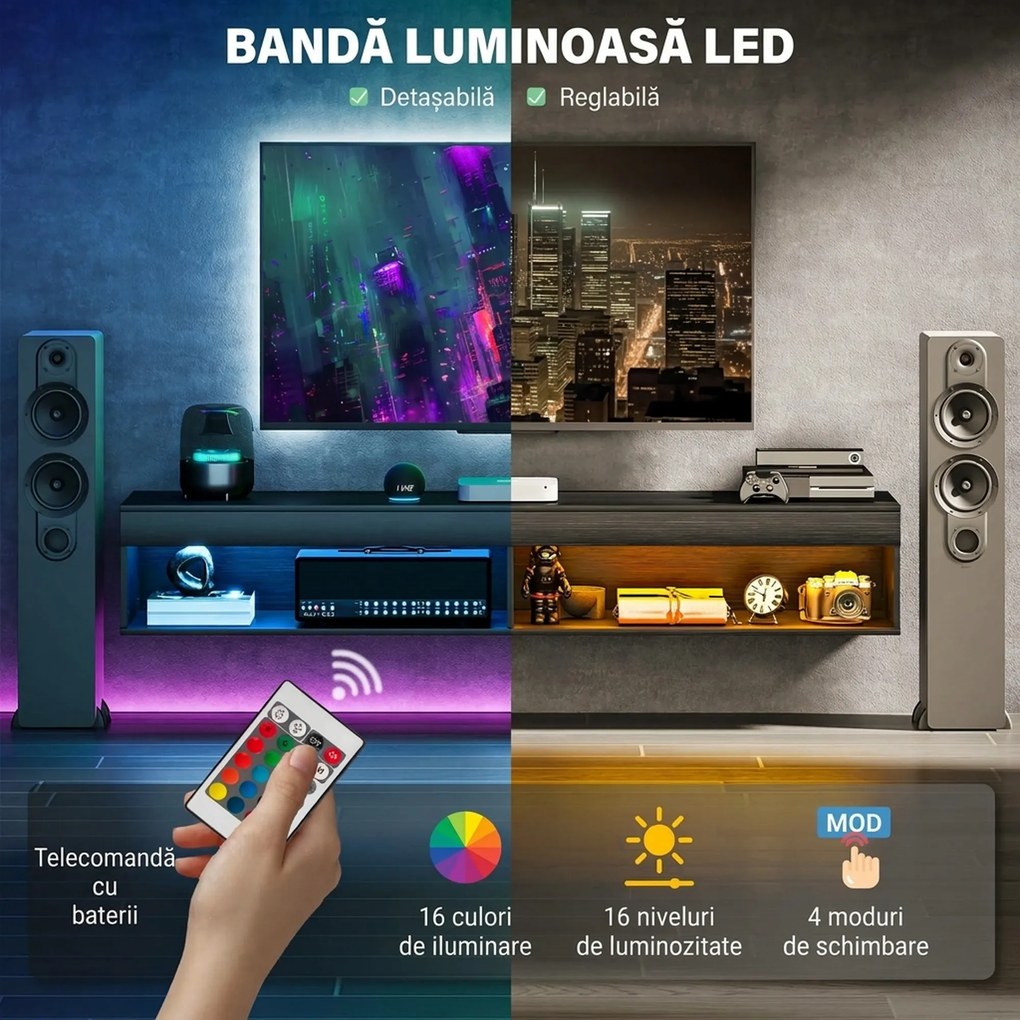 HOMCOM Suport TV Plutitor cu Lumini LED pentru Televizoare de Până la 190 cm, Consolă Media cu Raft de Depozitare, 180x40x30 cm, Negru | Aosom Romania
