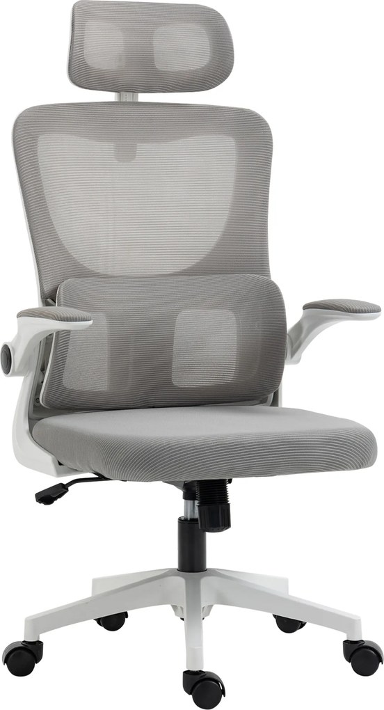 Vinsetto Scaun Ergonomic de Birou, Tetieră Reglabilă, Suport Lombar, 70x66x120-128 cm, Gri | Aosom Romania