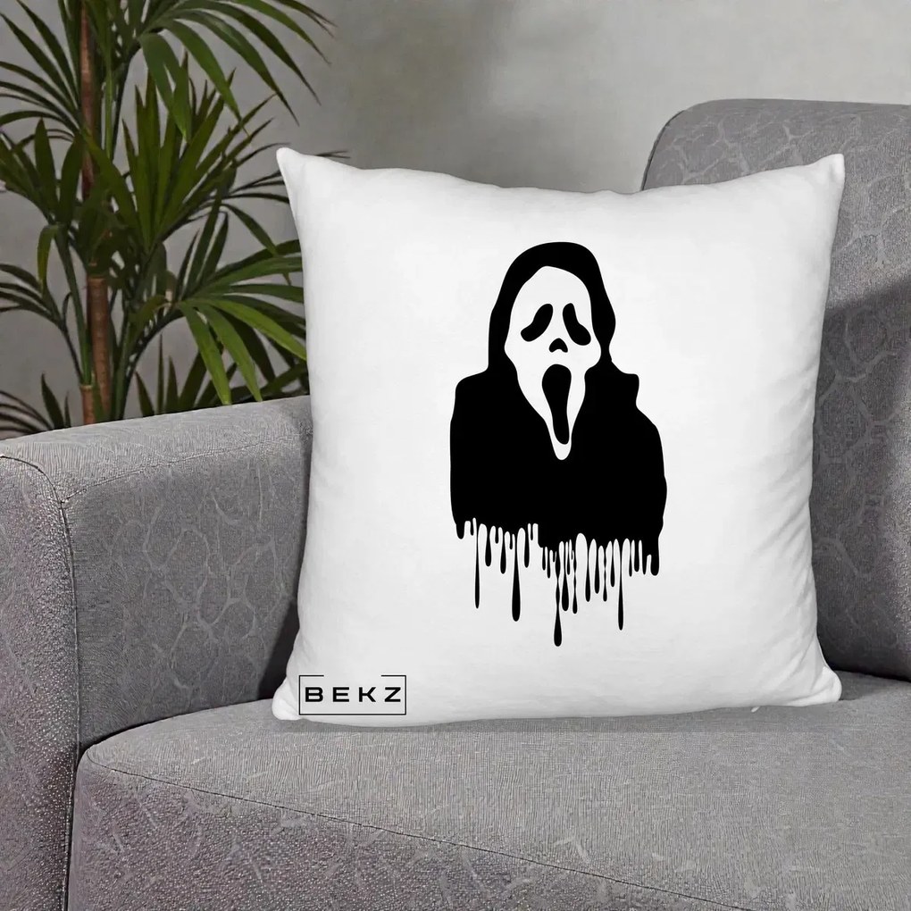 Perna Personalizata Halloween Ghostface Scream Picurand, 40x40 cm, Alb Pufos, Husa Detasabila, Perna Inclusa, BEKZ®