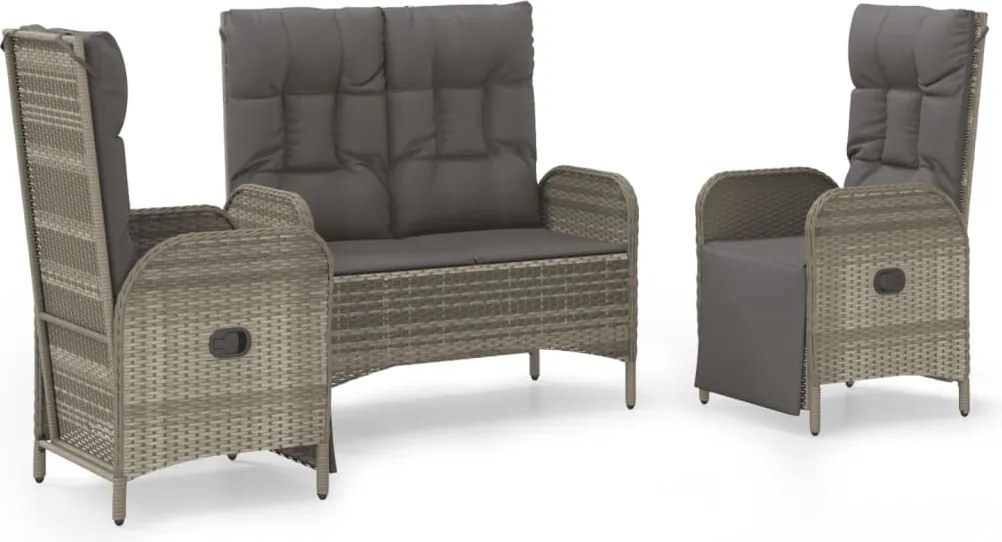 vidaXL Set mobilier de grădină cu perne, 3 piese, gri, poliratan