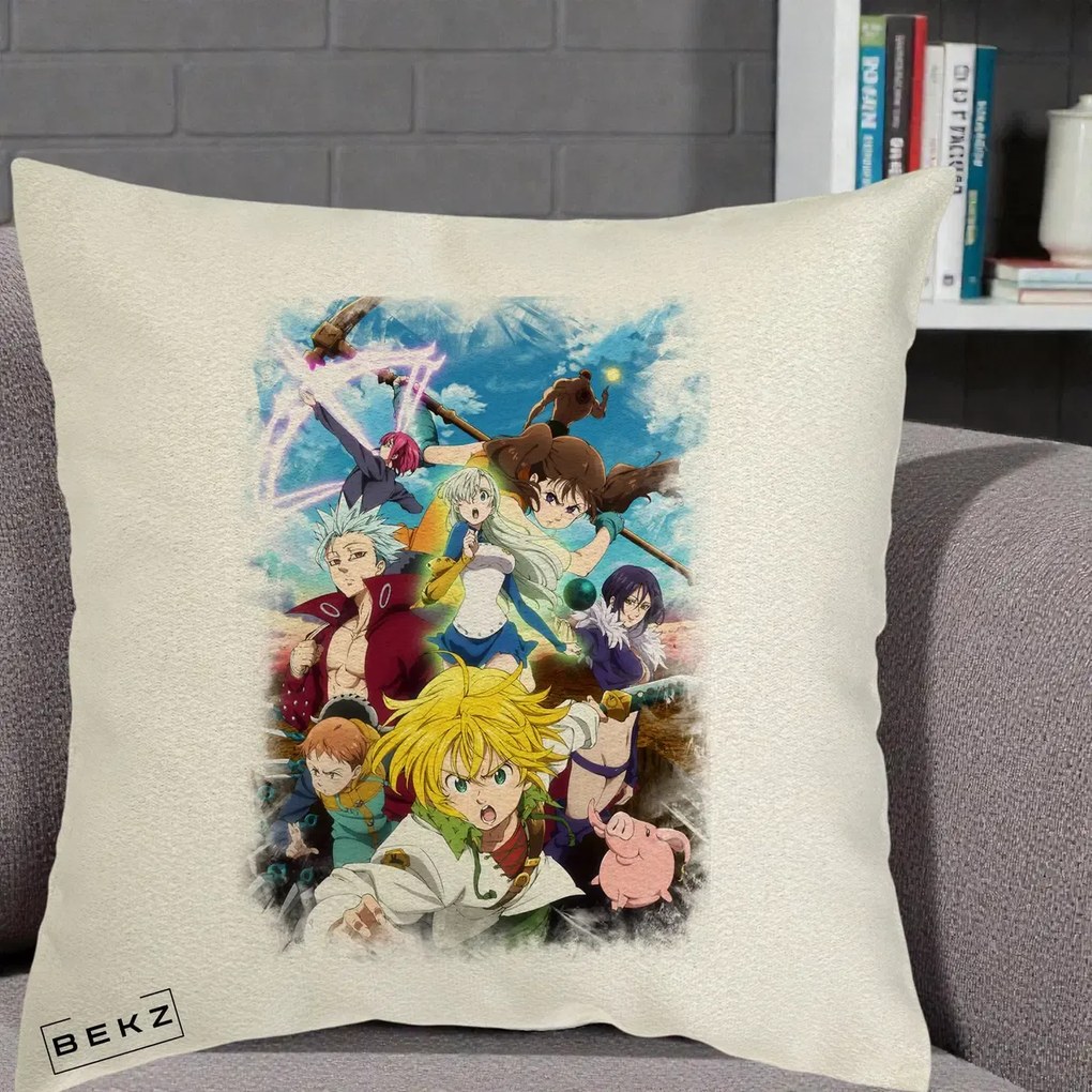 Perna Personalizata Nanatsu no Taizai Cele Sapte Pacate Mortale Anime, 40x40 cm, Ecru, Husa Detasabila, Perna Inclusa, BEKZ®