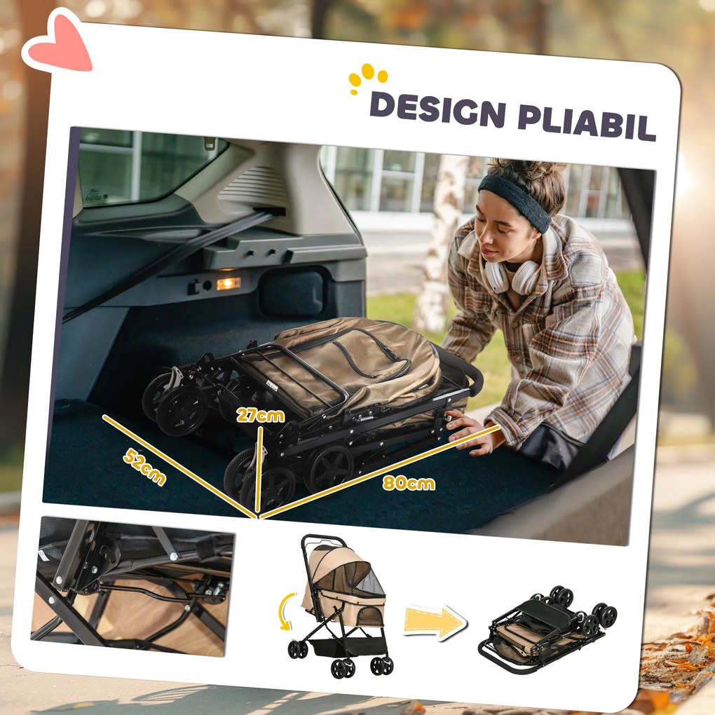 PawHut Cărucior Pliant pentru Câini Mici cu Mâner Rotativ, Roți cu Frâne și Coș de Depozitare, 76,5x52x95 cm, Maro | Aosom Romania