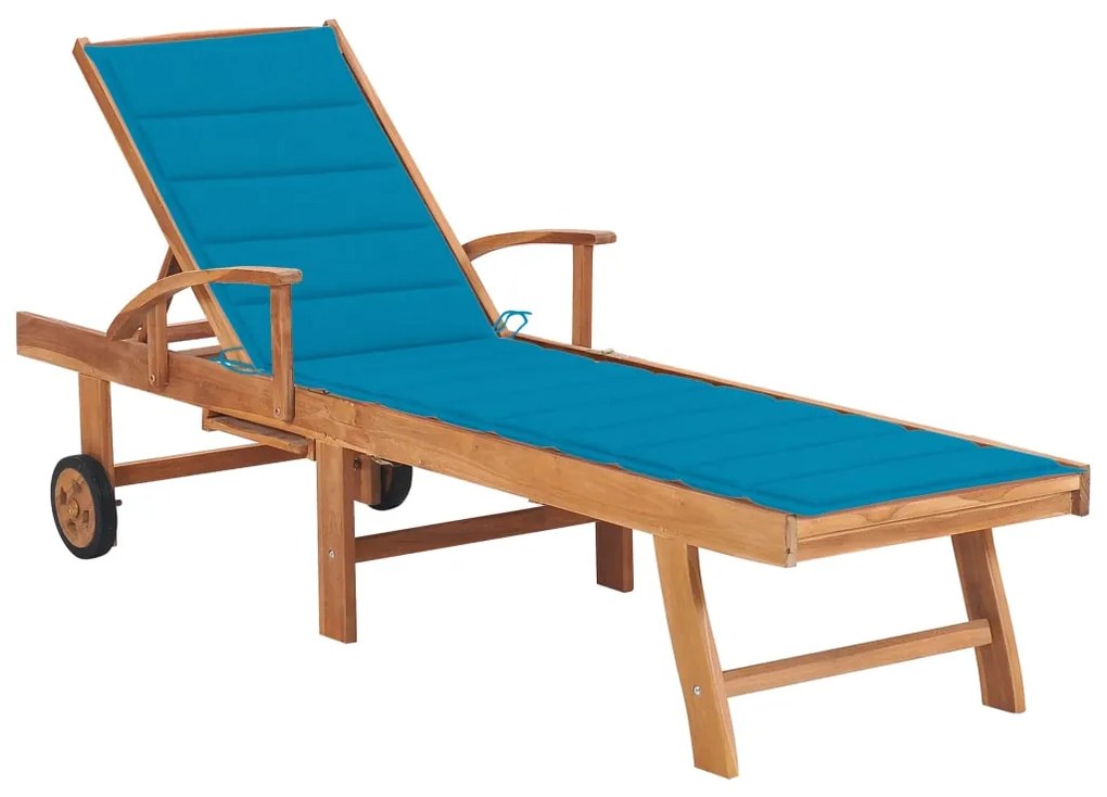 vidaXL Șezlong cu pernă albastră, lemn masiv de tec