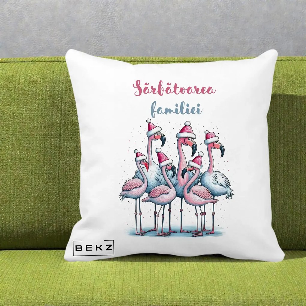 Perna Decorativa Flamingo Craciun Sarbatoarea Familiei, 40x40 cm, Alba Mata, Husa Detasabila, Perna Inclusa, BEKZ®