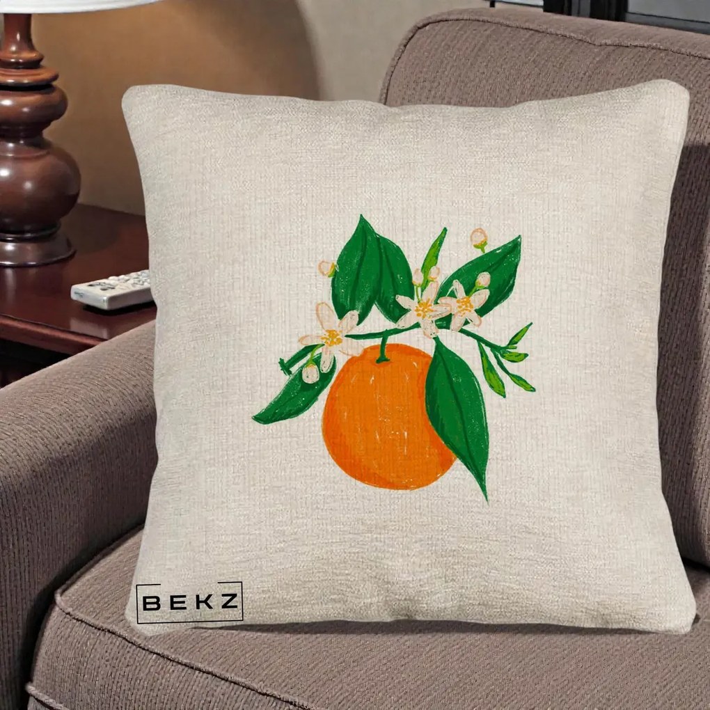 Perna Decorativa Portocala in Floare, 40x40 cm, Bej Canapea, Husa Detasabila, Perna Inclusa, BEKZ®