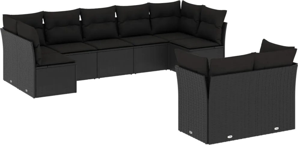 vidaXL Set mobilier de grădină cu perne, 9 piese, negru, poliratan