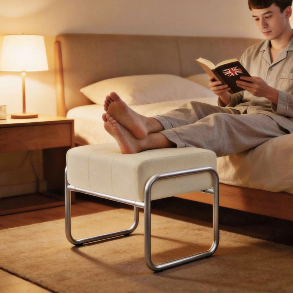 HOMCOM Taburet pentru picioare Taburet tapițat Pernă groasă cu material chenille, picioare din oțel pentru dormitor, Bej | Aosom Romania