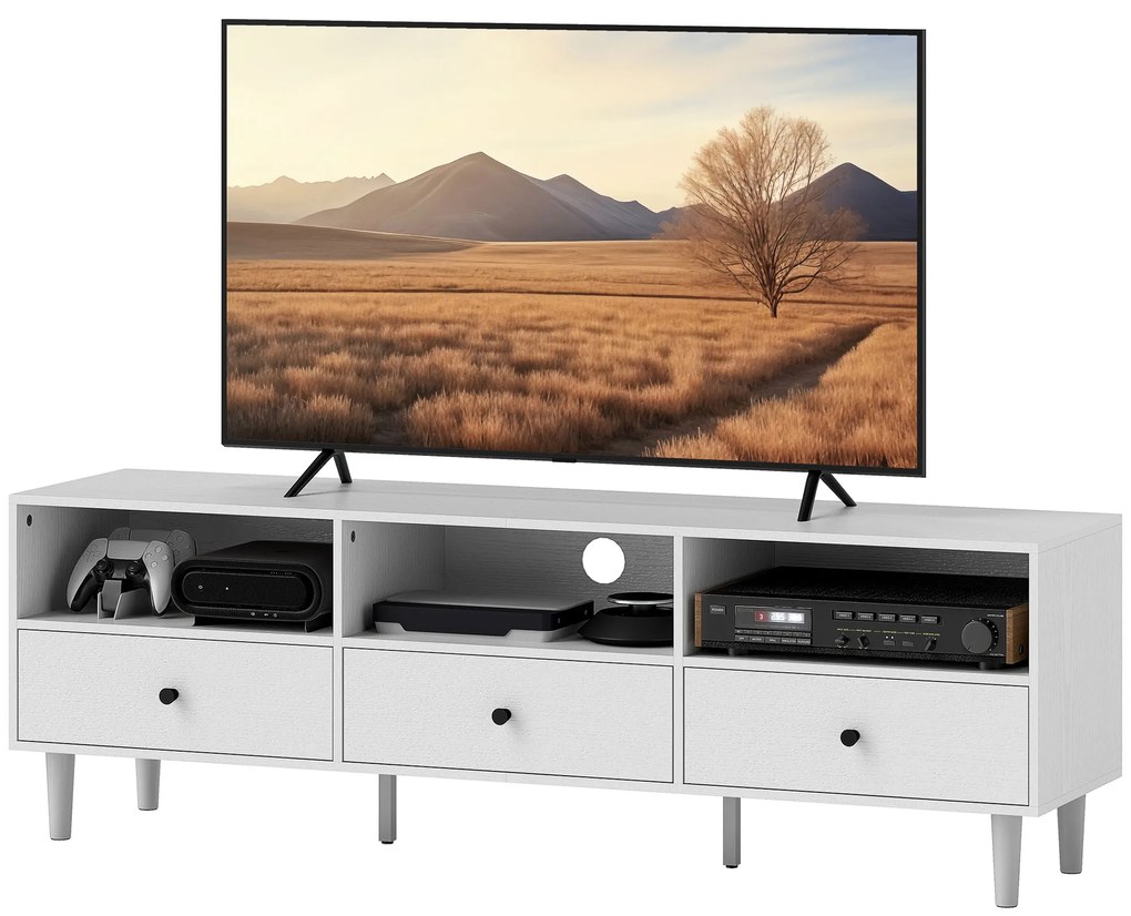 HOMCOM Mobilier TV pentru până la 75" cu 3 sertare, 3 rafturi deschise și pas-cablu, 140 x 34 x 45 cm, alb | Aosom Romania