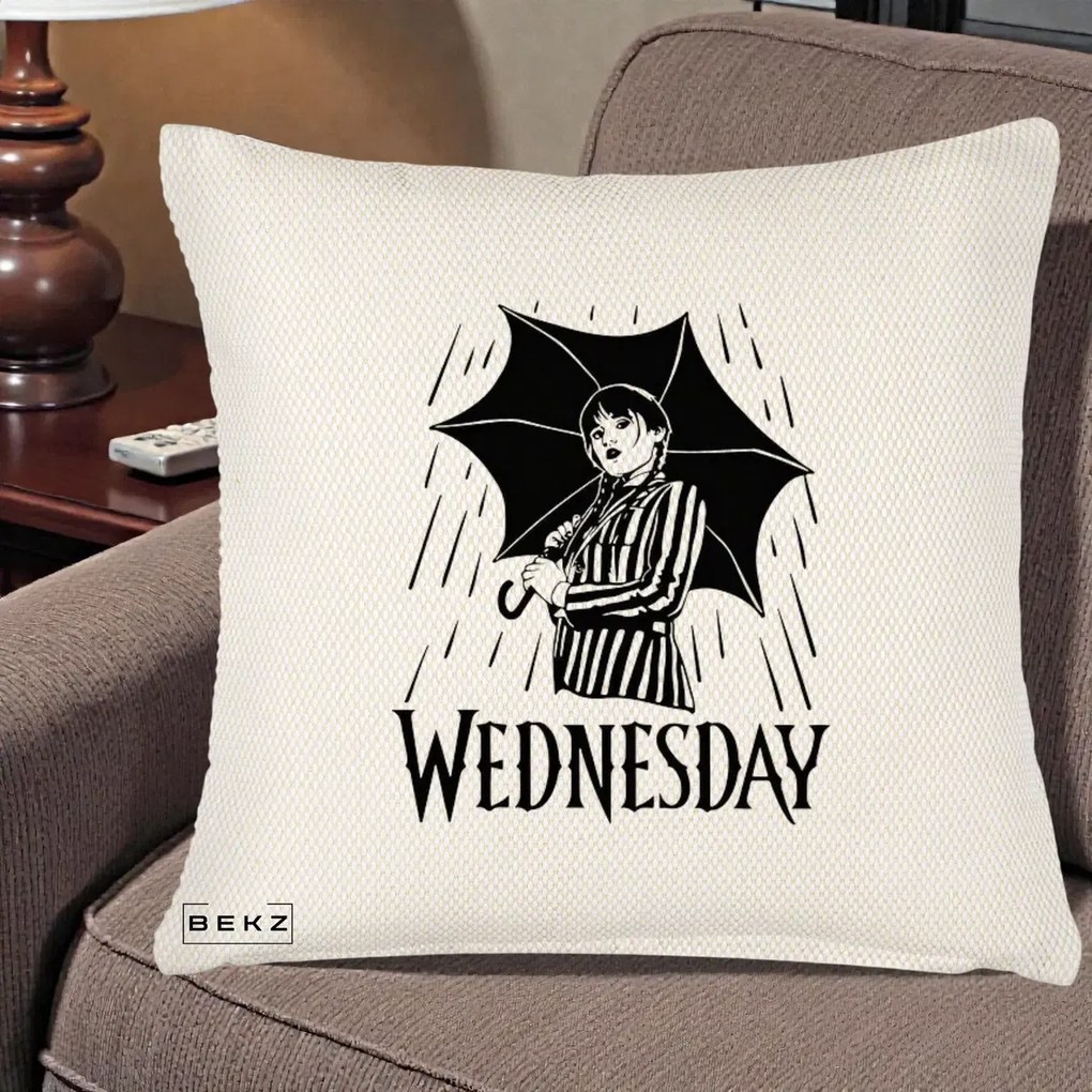 Perna Personalizata Wednesday cu Umbrela Ploaie Lineart, 40x40 cm, Crem Reliefat, Husa Detasabila, Perna Inclusa, BEKZ®