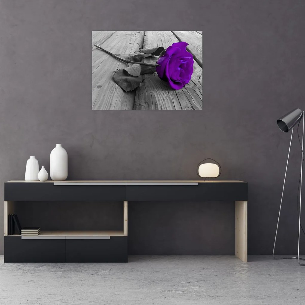 Tablou pe sticlă - Trandafir violet cu tulpina verde (70x50 cm)