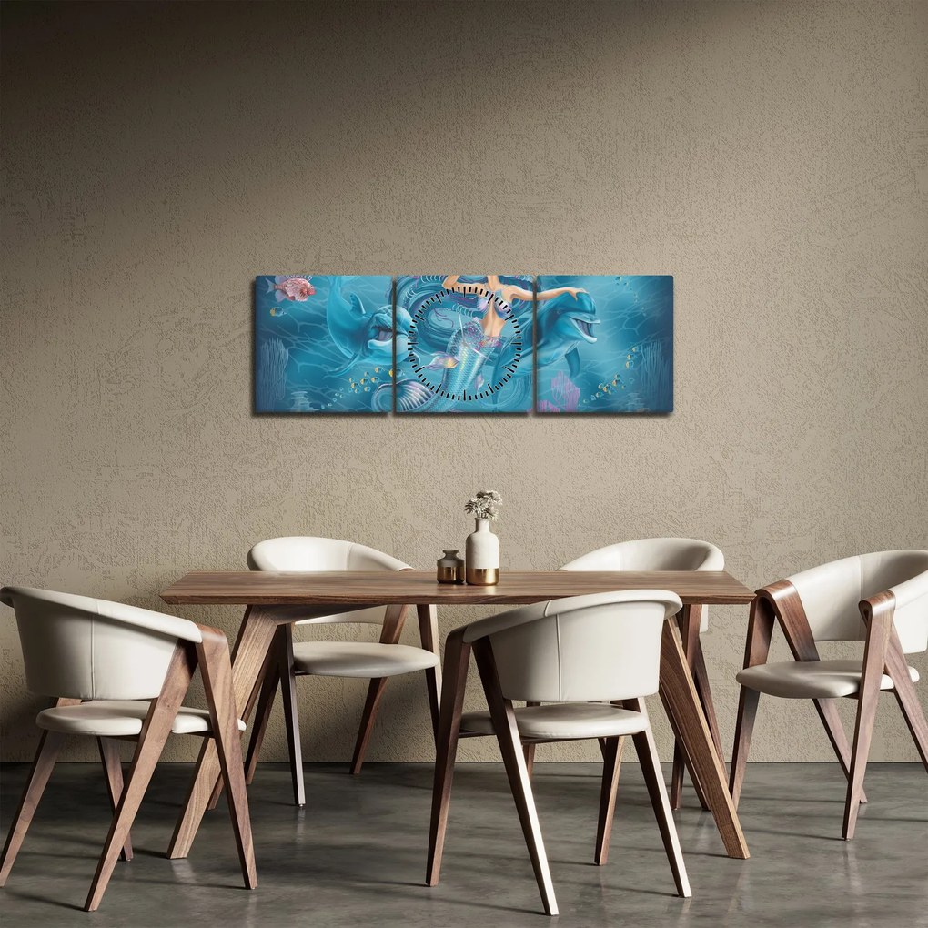 Tablou - Sirenă cu delfini (cu ceas) (90x30 cm)