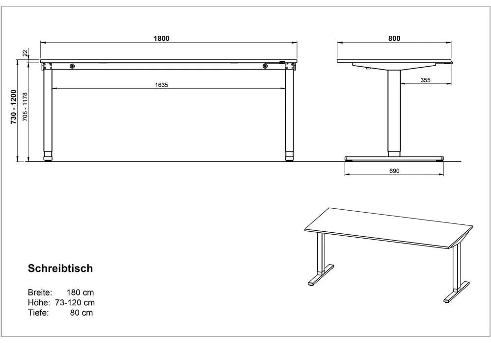 Birou cu blat cu aspect de lemn de stejar cu înălțime ajustabilă electric 80x180 cm Lissabon – Germania